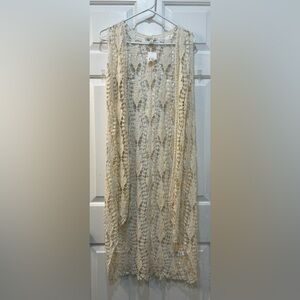 NWT Crochet Lace Open Cardigan Size S Ivory Boho Hippie Whimsy Beachy Oversized